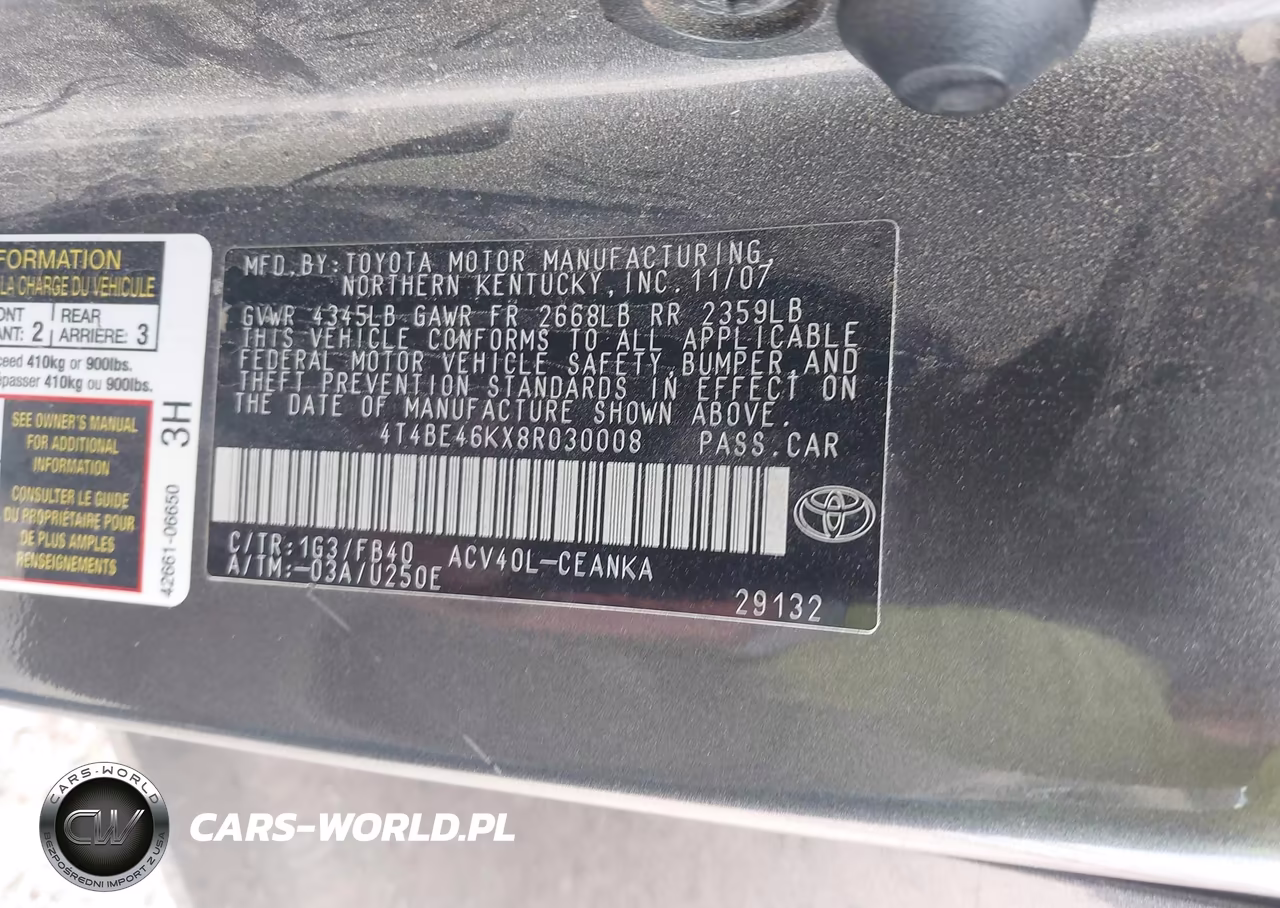 2008 Toyota Camry Le VIN:4T4BE46KX8R030008 - 9