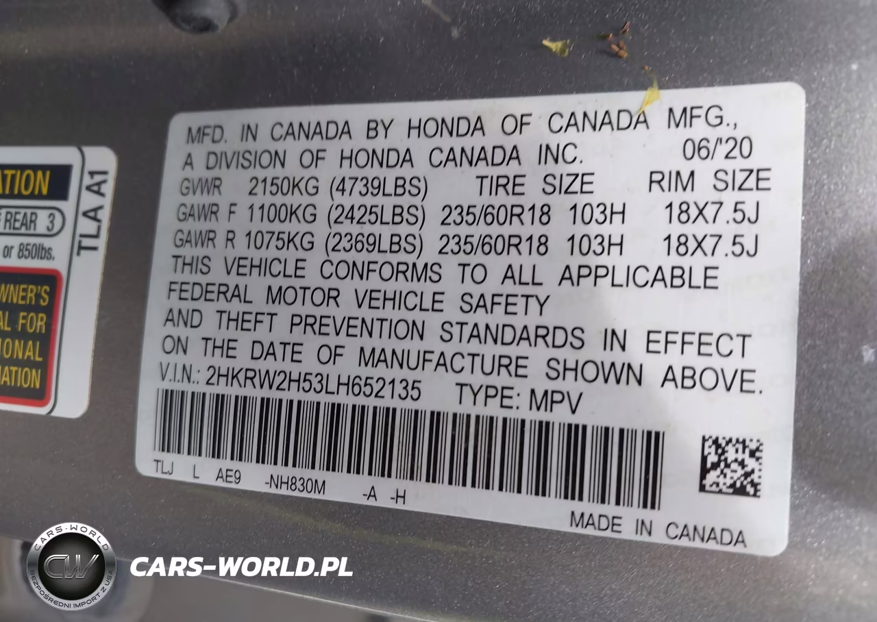 2020 Honda Cr-V Awd Ex VIN:2HKRW2H53LH652135 - 9