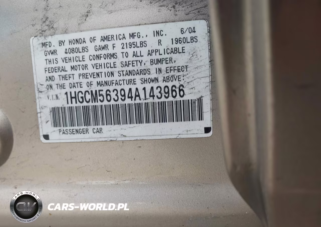 2004 Honda Accord 2.4 Lx VIN:1HGCM56394A143966 - 9