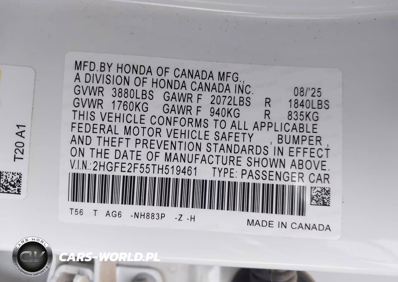 2026 Honda Civic Sport VIN:2HGFE2F55TH519461 - 9