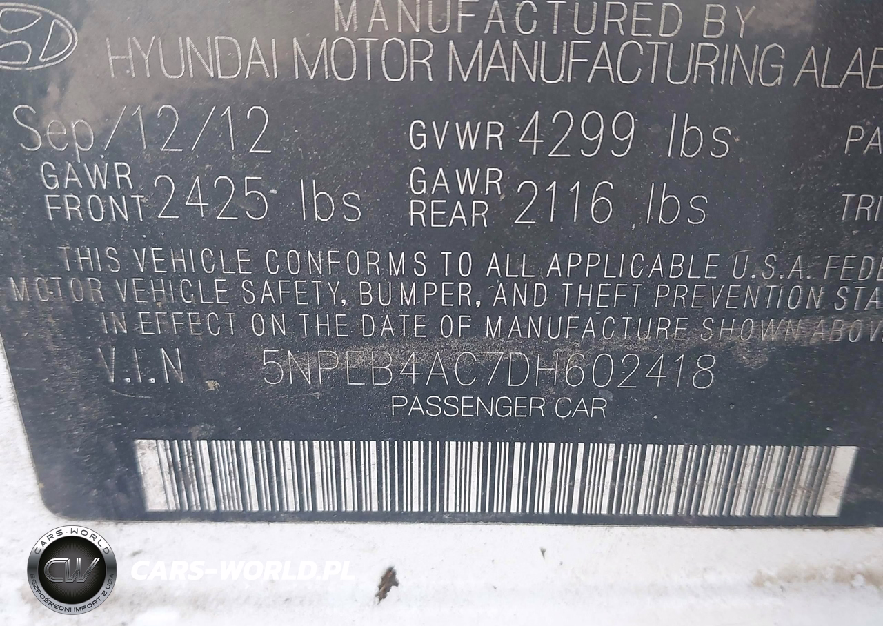 2013 Hyundai Sonata Gls VIN:5NPEB4AC7DH602418 - 9