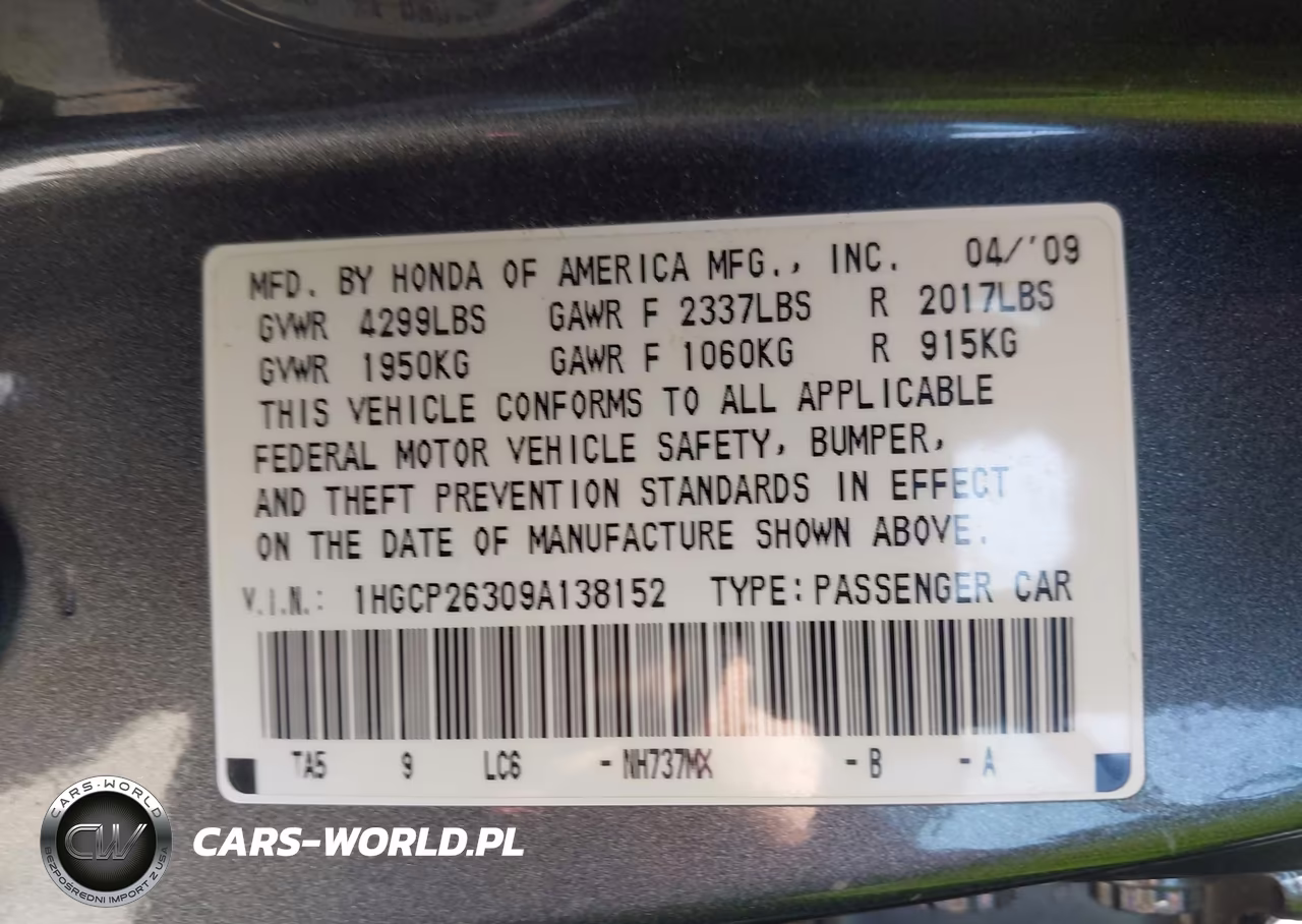 2009 Honda Accord 2.4 Lx VIN:1HGCP26309A138152 - 9