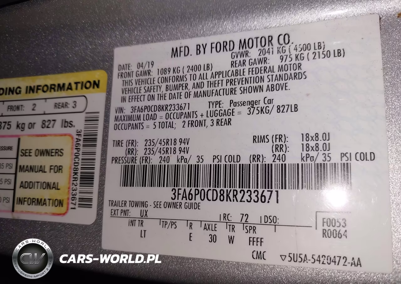 2019 Ford Fusion Sel VIN:3FA6P0CD8KR233671 - 9