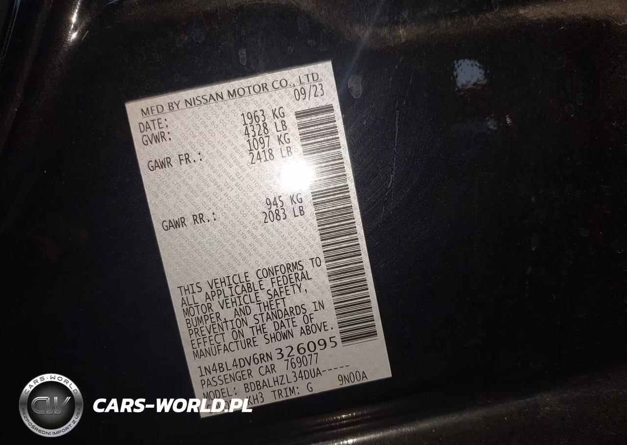 2024 Nissan Altima Sv Fwd VIN:1N4BL4DV6RN326095 - 9