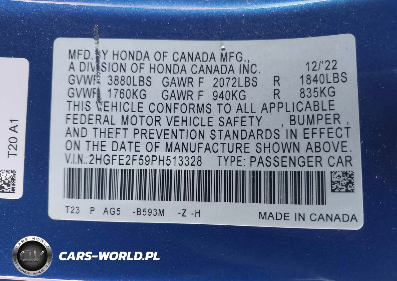 2023 Honda Civic Sport VIN:2HGFE2F59PH513328 - 9