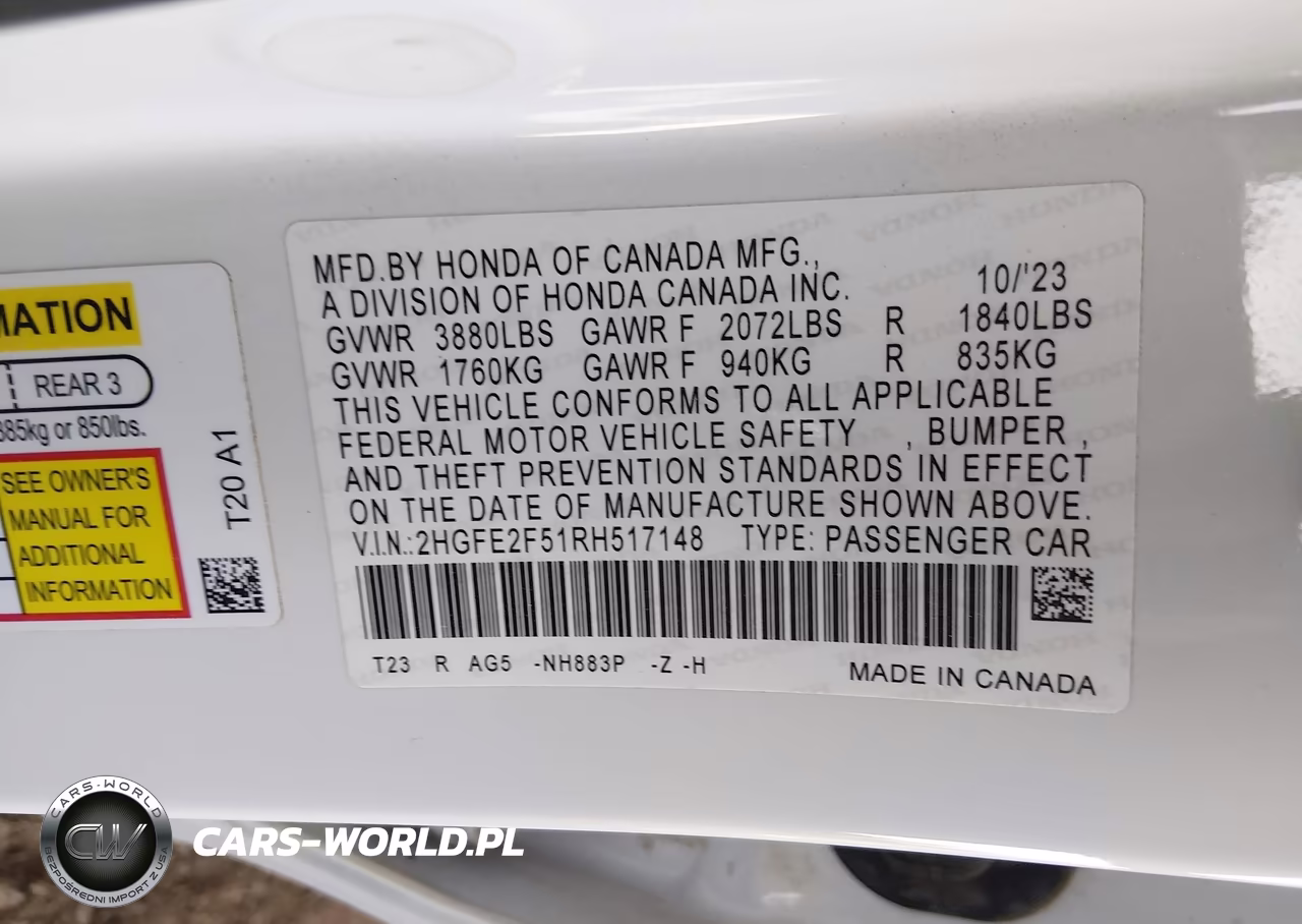 2024 Honda Civic Sport VIN:2HGFE2F51RH517148 - 9