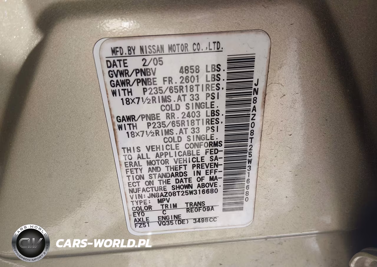 2005 Nissan Murano Sl VIN:JN8AZ08T25W316680 - 9