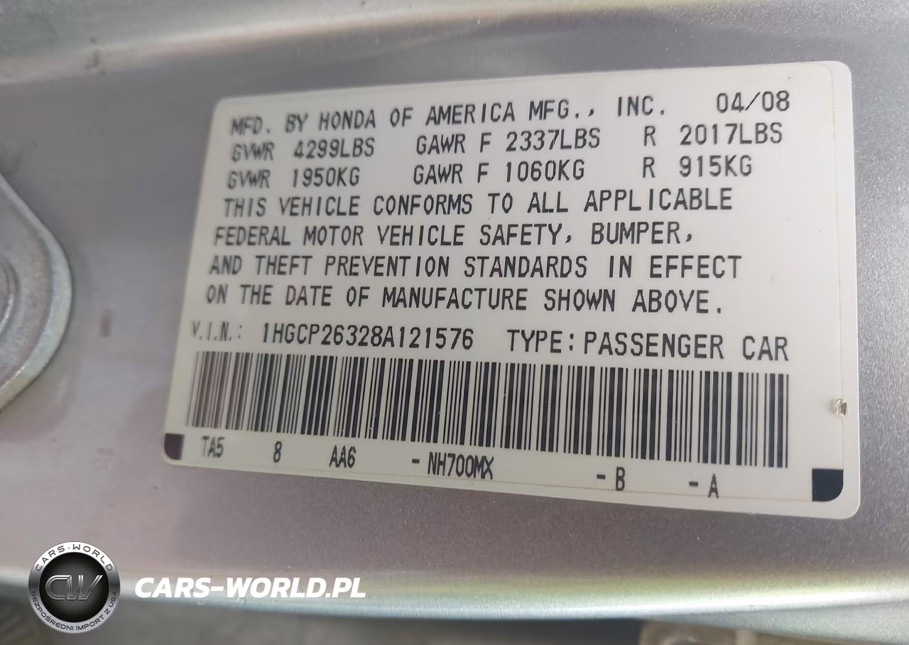 2008 Honda Accord 2.4 Lx VIN:1HGCP26328A121576 - 9