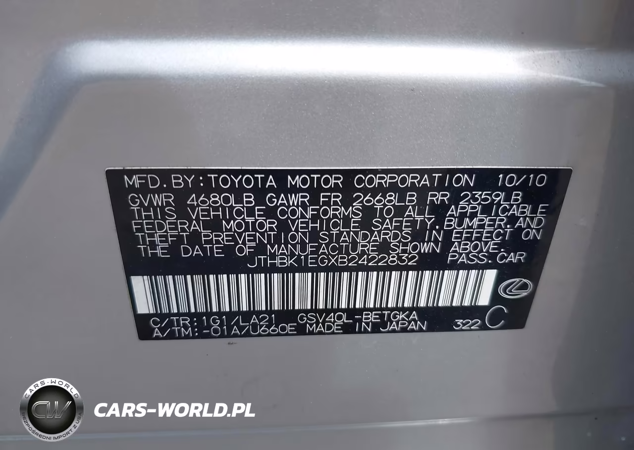 2011 Lexus Es 350 VIN:JTHBK1EGXB2422832 - 9