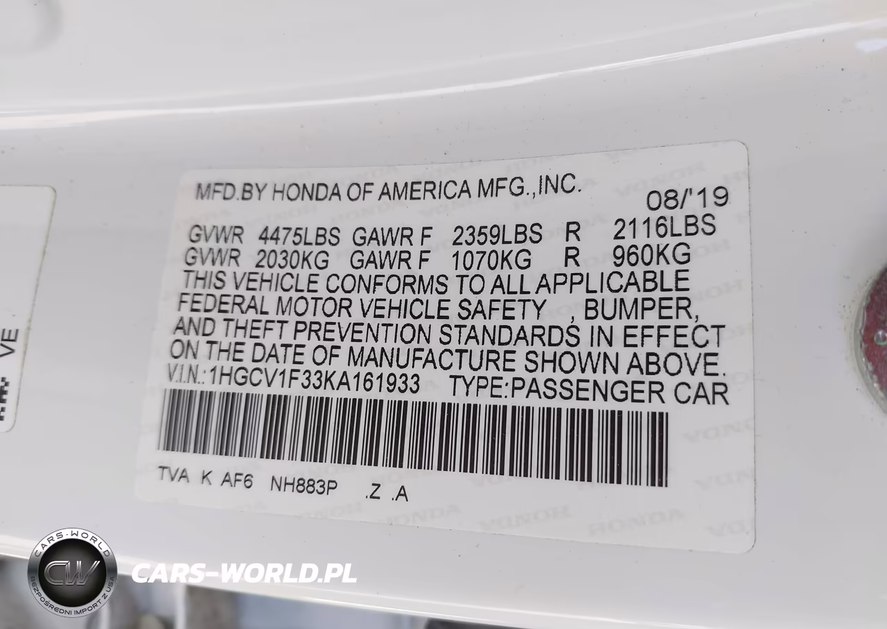 2019 Honda Accord Sport VIN:1HGCV1F33KA161933 - 9