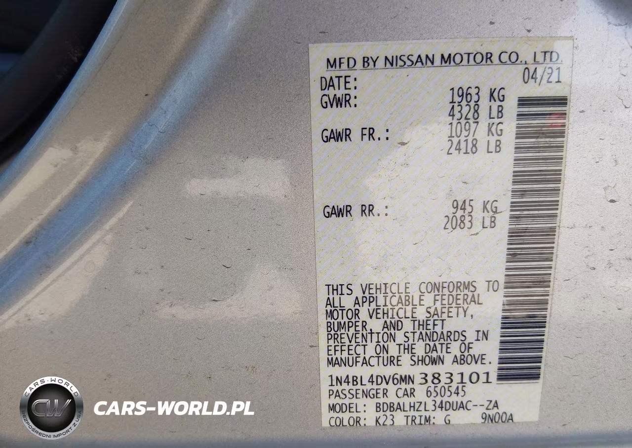 2021 Nissan Altima Sv Fwd VIN:1N4BL4DV6MN383101 - 9