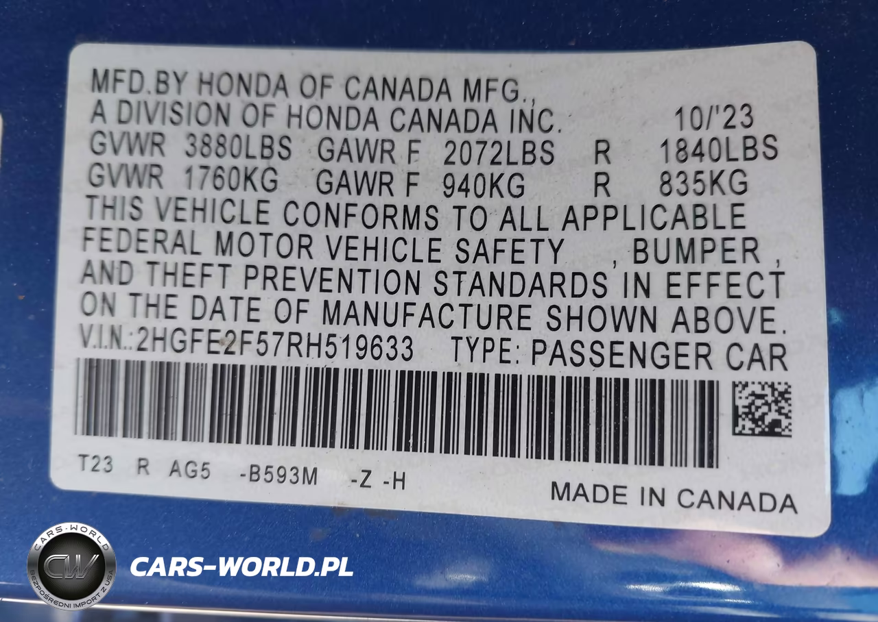 2024 Honda Civic Sport VIN:2HGFE2F57RH519633 - 9