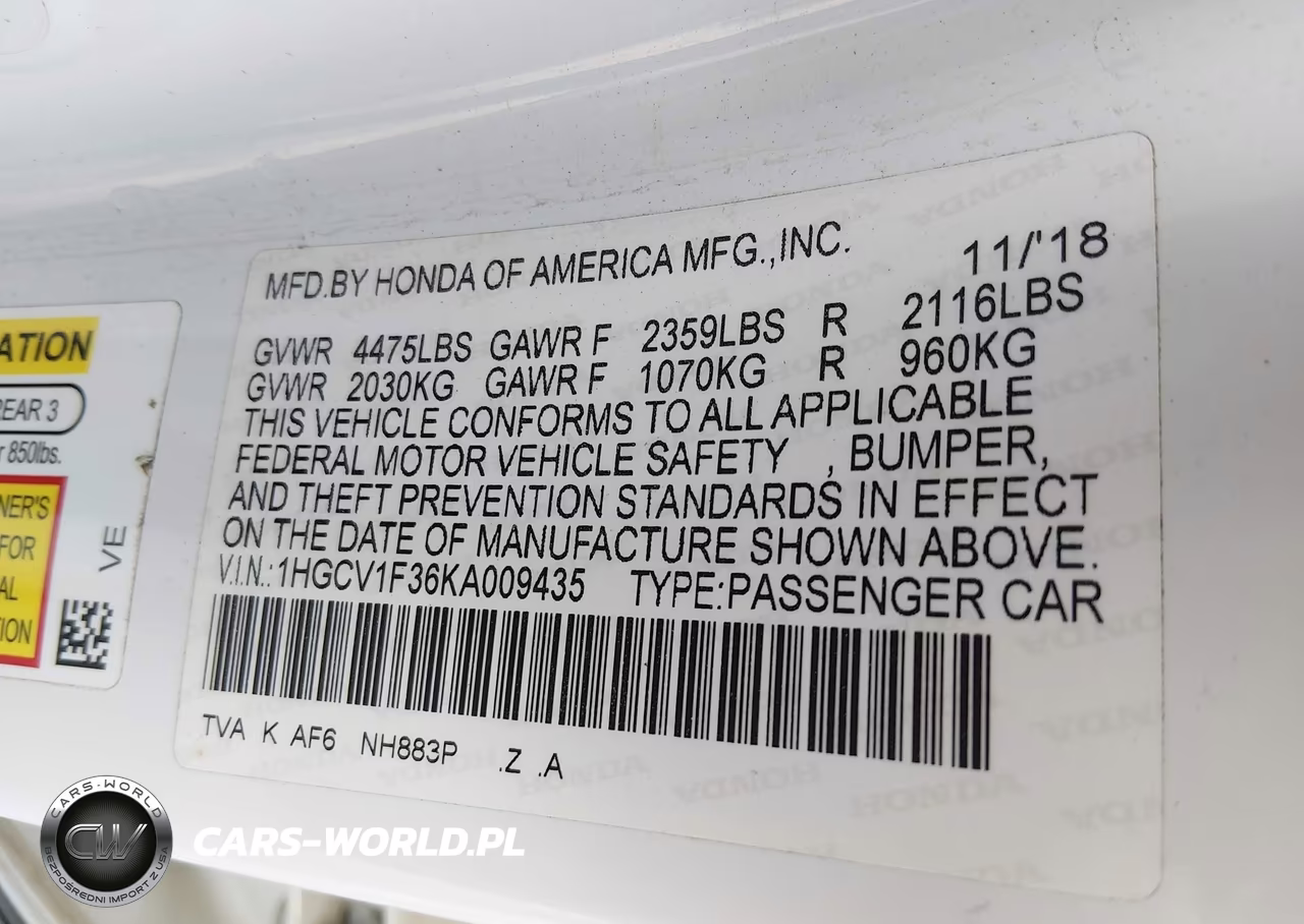 2019 Honda Accord Sport VIN:1HGCV1F36KA009435 - 9