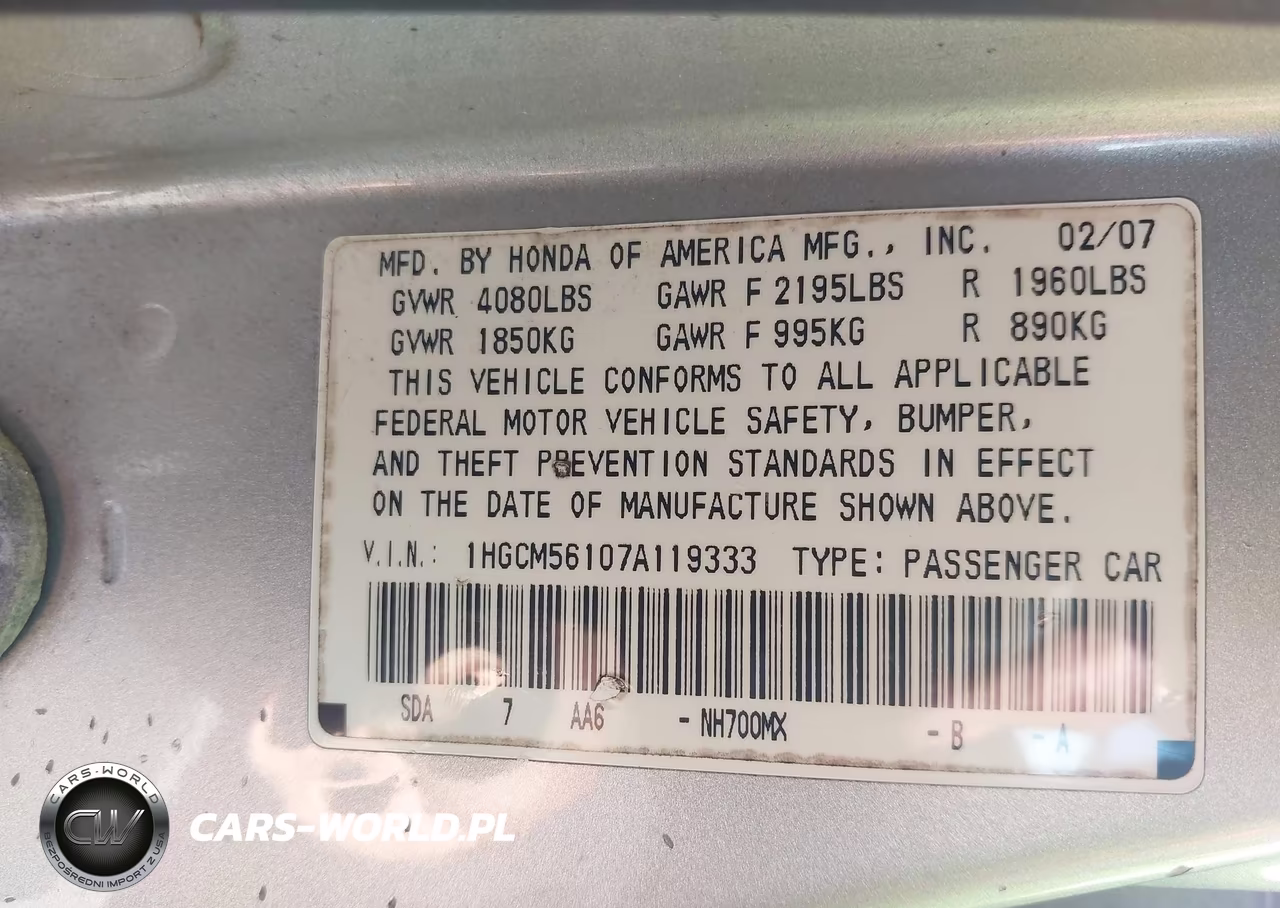 2007 Honda Accord 2.4 Vp VIN:1HGCM56107A119333 - 9