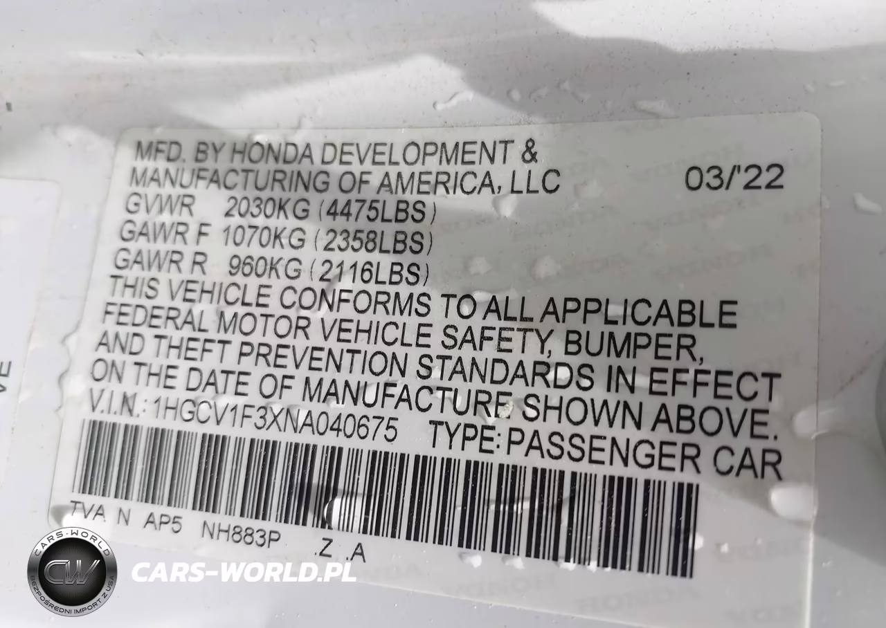 2022 Honda Accord Sport VIN:1HGCV1F3XNA040675 - 9