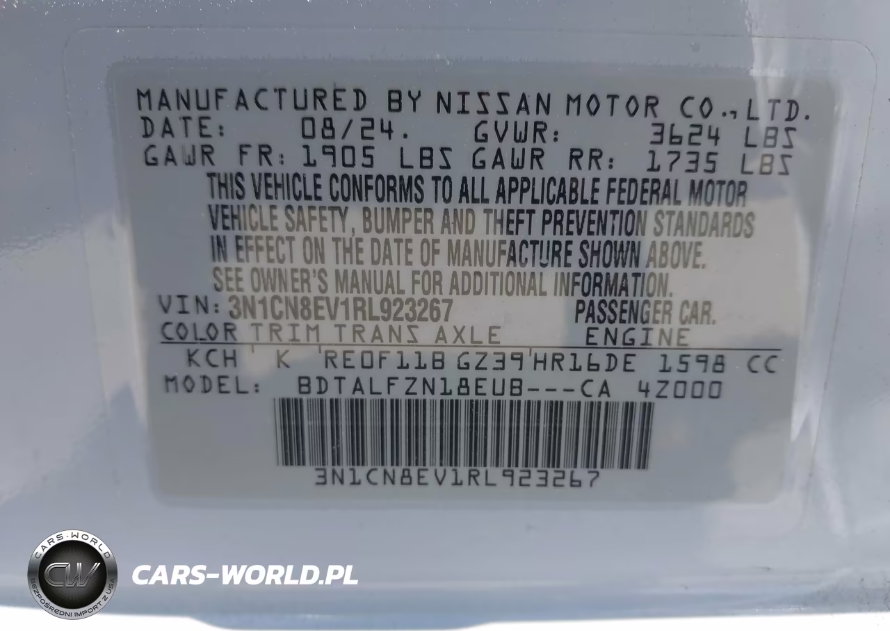 2024 Nissan Versa 1.6 Sv VIN:3N1CN8EV1RL923267 - 9