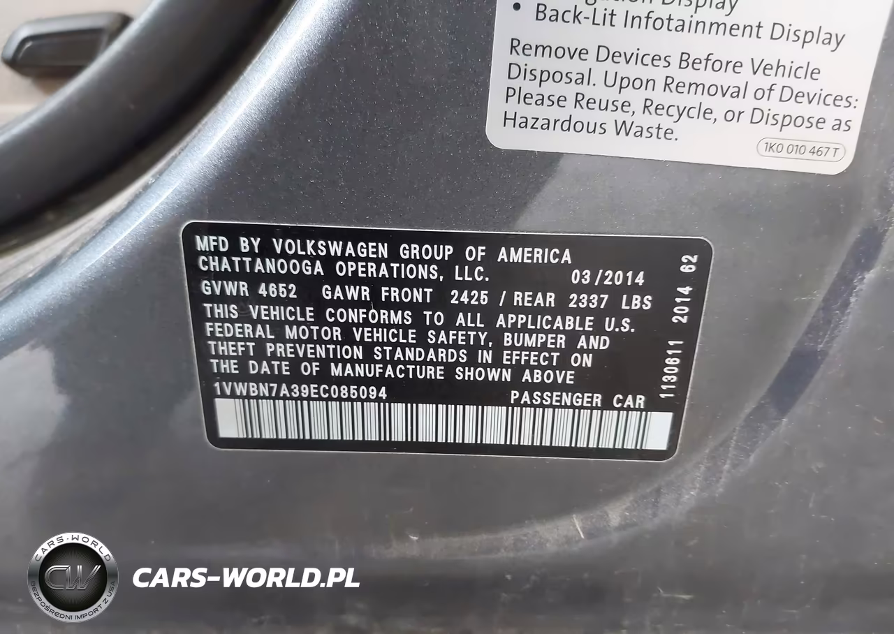2014 Volkswagen Passat 2.0L Tdi Se VIN:1VWBN7A39EC085094 - 9