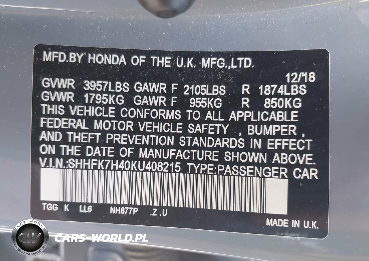 2019 Honda Civic Sport VIN:SHHFK7H40KU408215 - 9