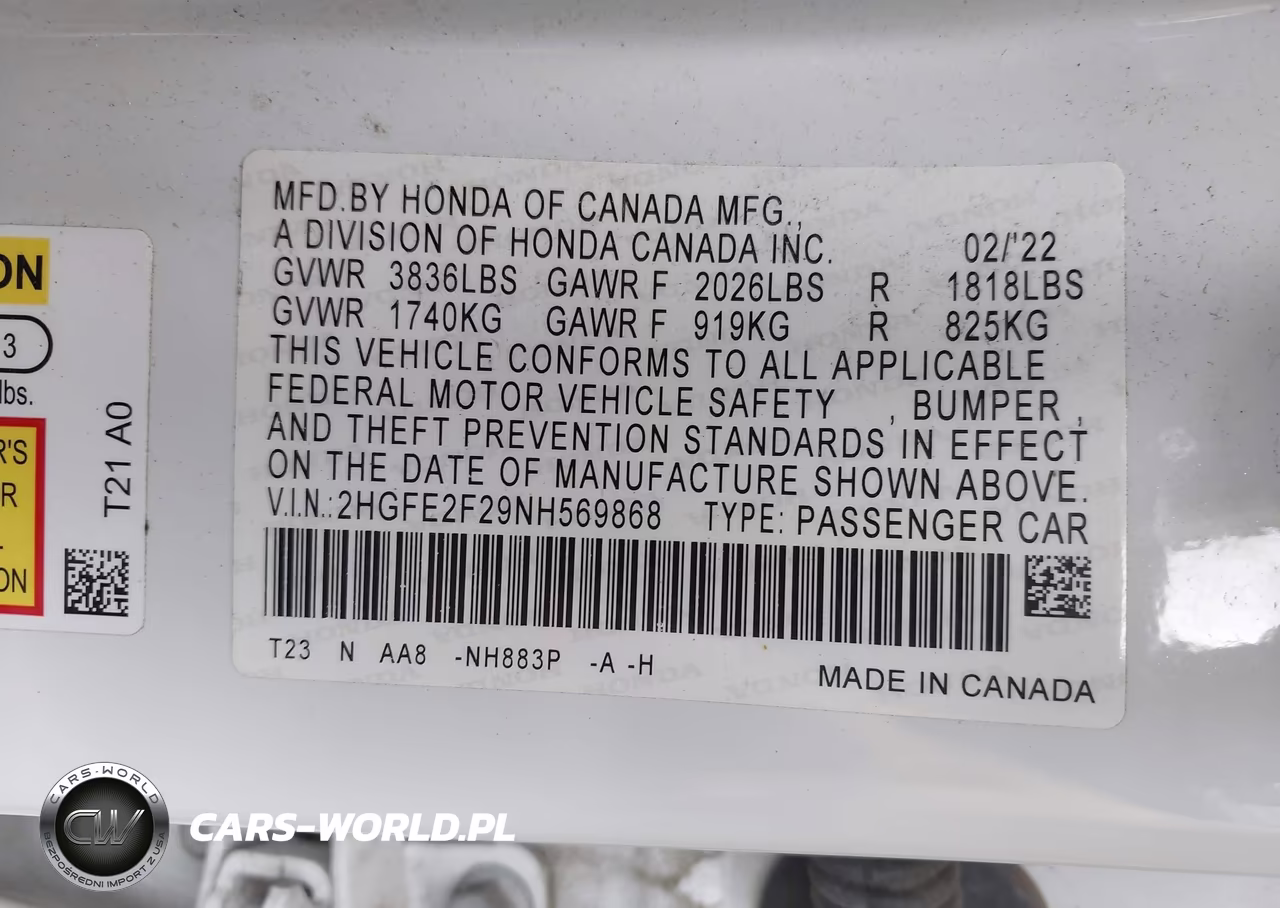 2022 Honda Civic Lx VIN:2HGFE2F29NH569868 - 9