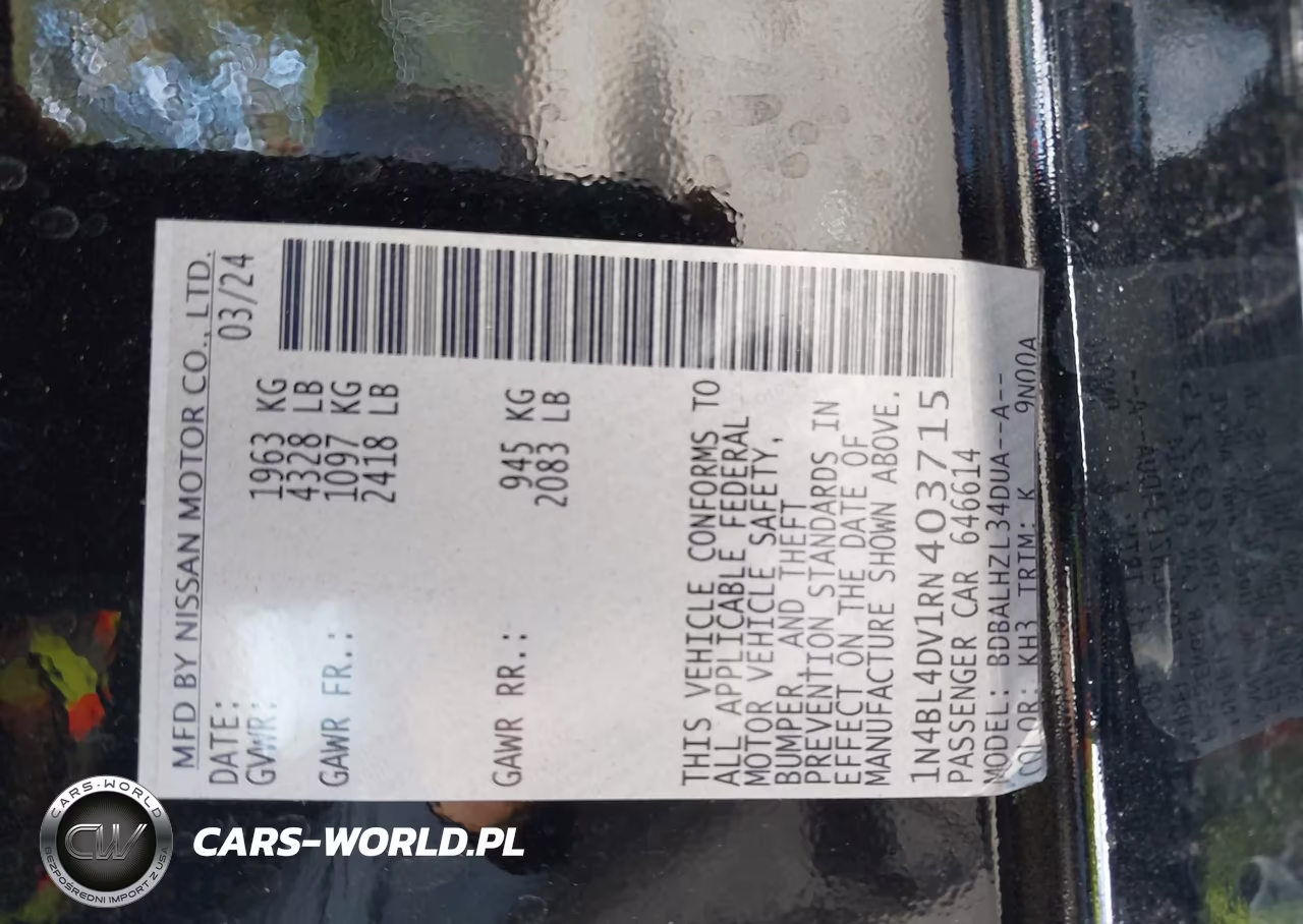 2024 Nissan Altima Sv Fwd VIN:1N4BL4DV1RN403715 - 9