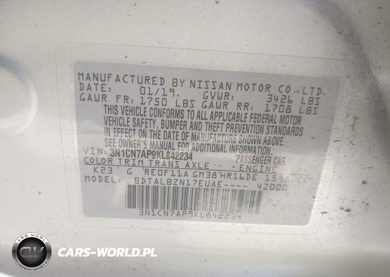 2019 Nissan Versa 1.6 Sv VIN:3N1CN7AP9KL842234 - 9