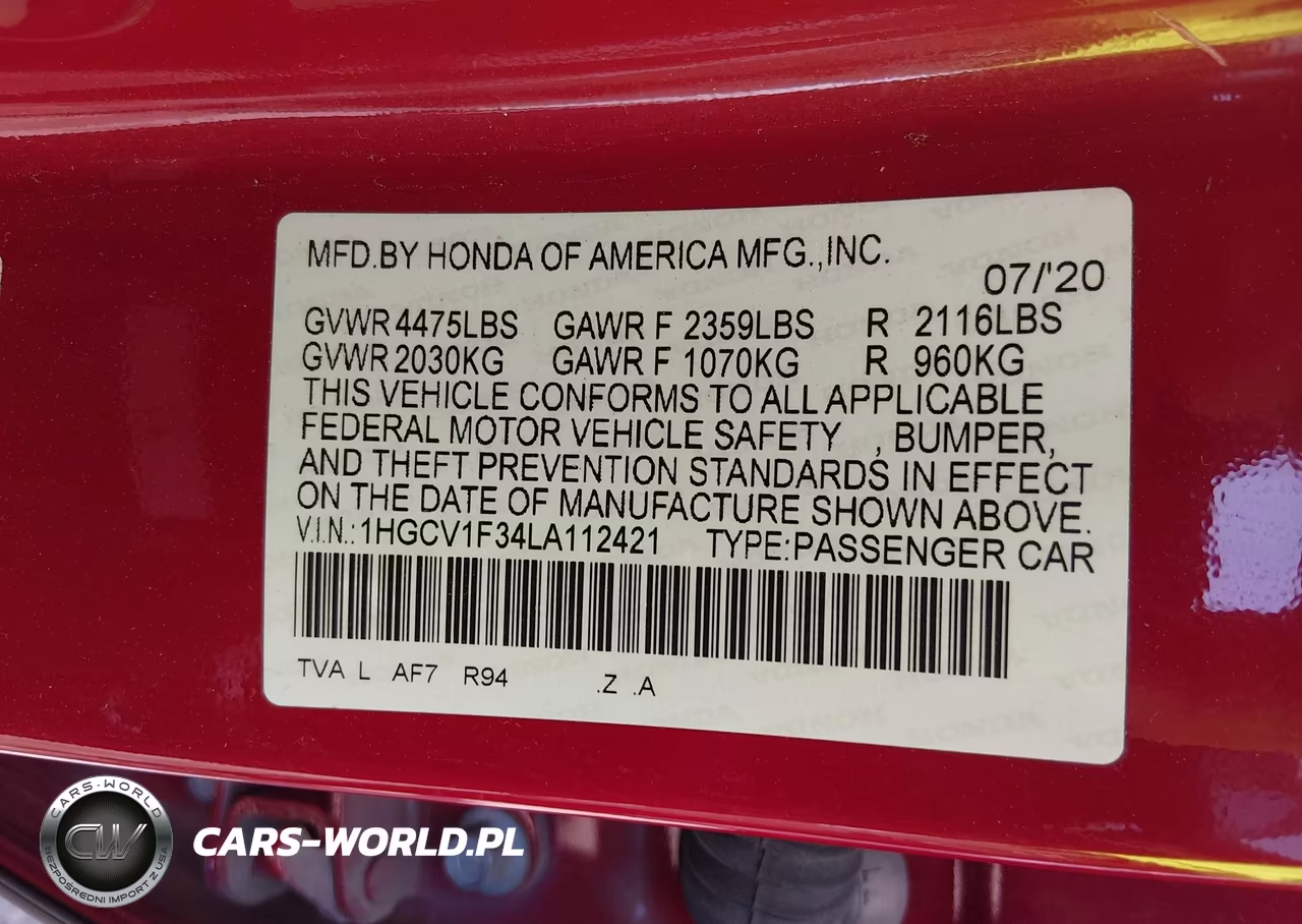 2020 Honda Accord Sport VIN:1HGCV1F34LA112421 - 9