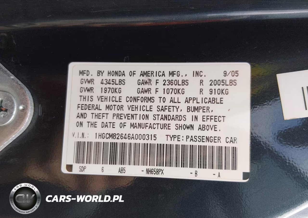 2006 Honda Accord 3.0 Ex VIN:1HGCM82646A000315 - 9