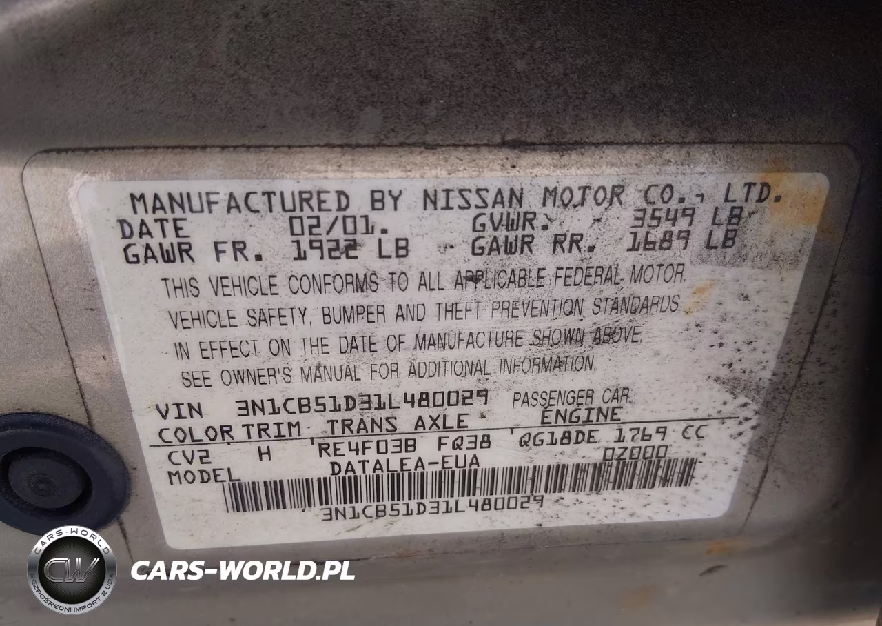 2001 Nissan Sentra Gxe VIN:3N1CB51D31L480029 - 9