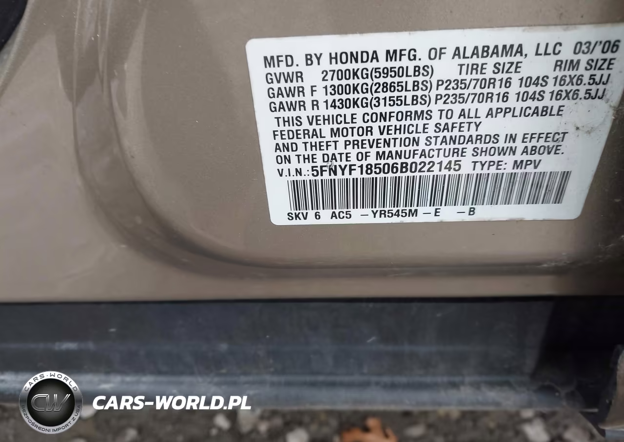 2006 Honda Pilot Ex-L VIN:5FNYF18506B022145 - 9