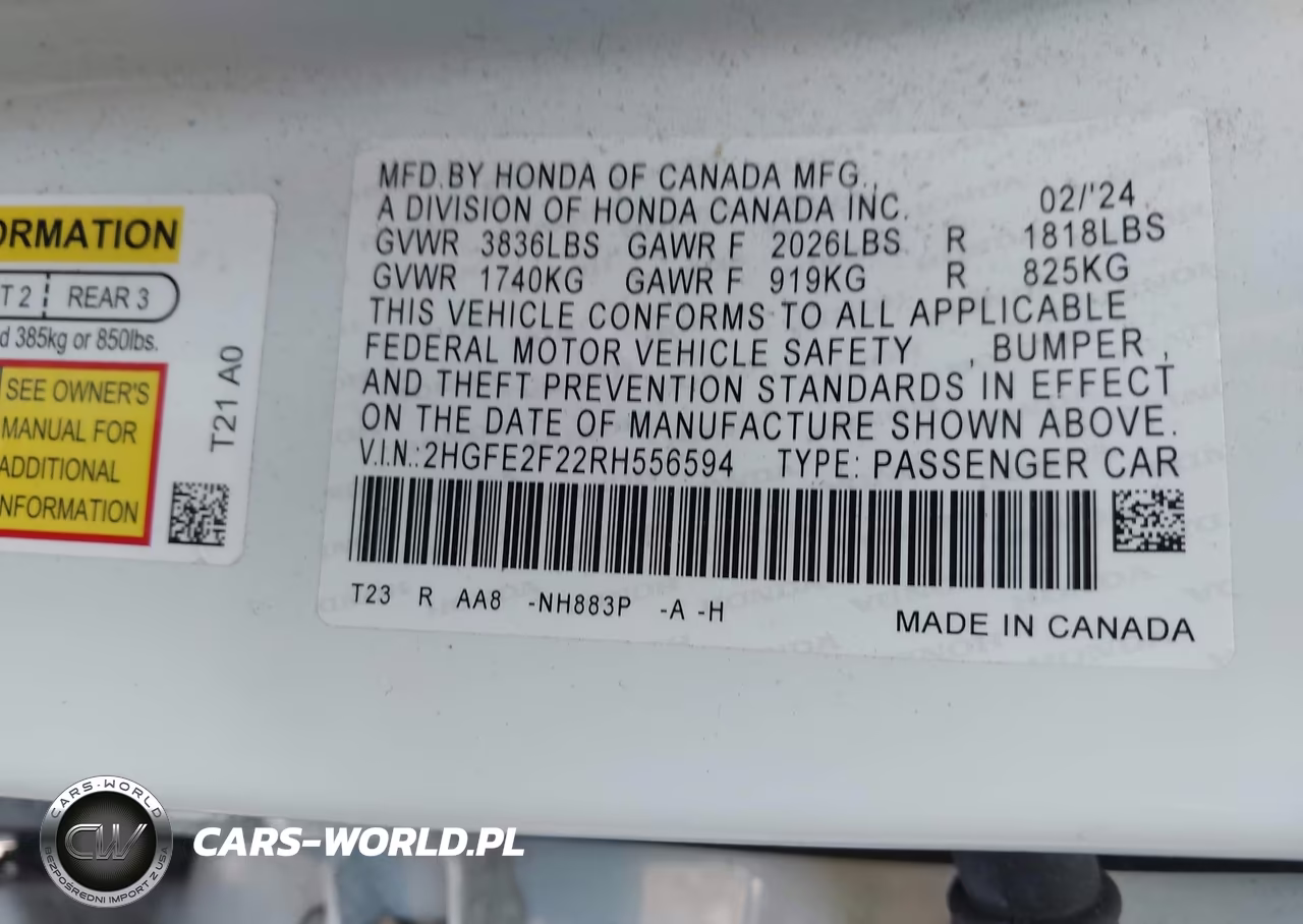 2024 Honda Civic Lx VIN:2HGFE2F22RH556594 - 9