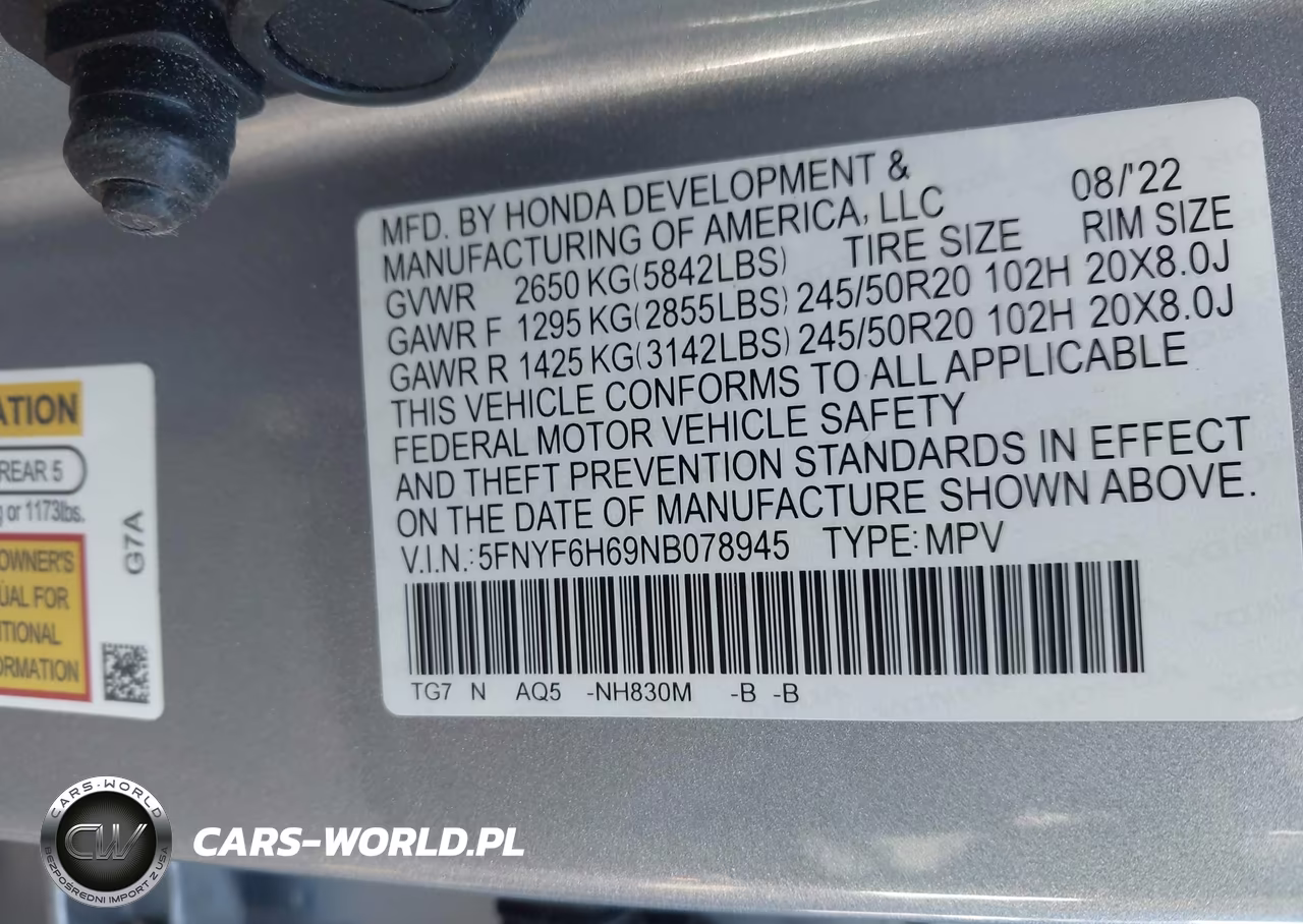 2022 Honda Pilot Awd Touring 7 Passenger VIN:5FNYF6H69NB078945 - 9