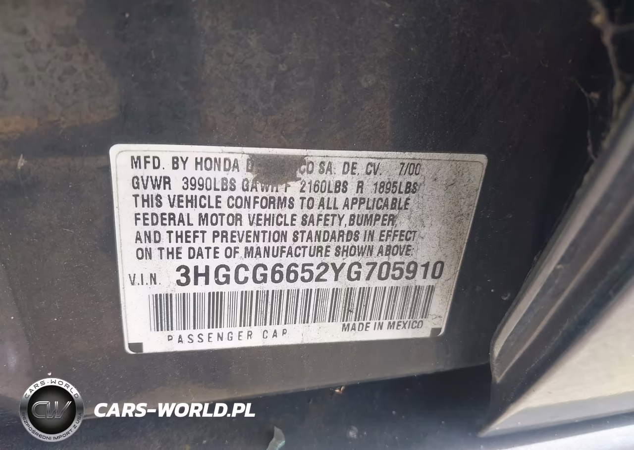 2000 Honda Accord 2.3 Lx VIN:3HGCG6652YG705910 - 9