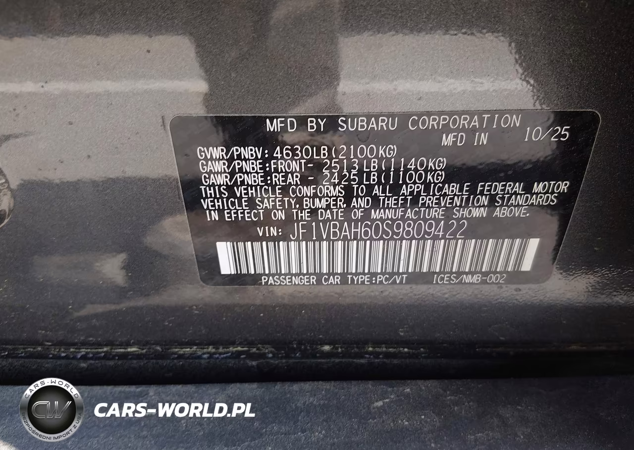 2025 Subaru Wrx Premium VIN:JF1VBAH60S9809422 - 9