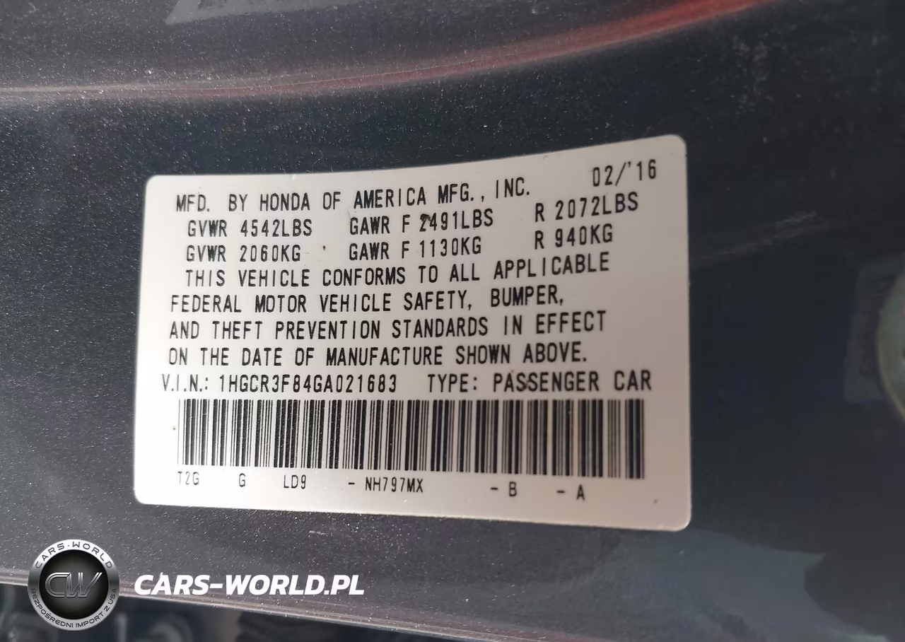 2016 Honda Accord Ex-L V-6 VIN:1HGCR3F84GA021683 - 9