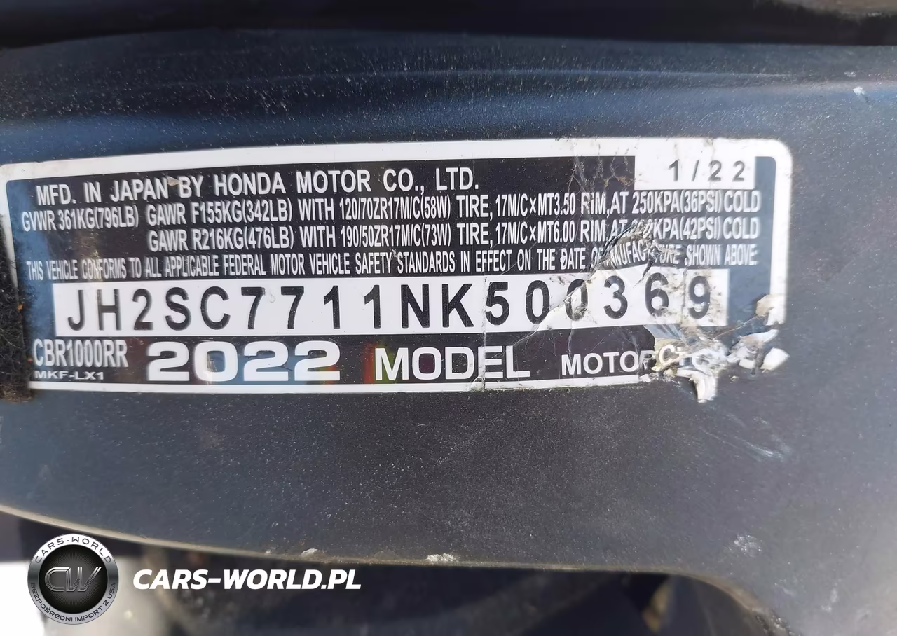 2022 Honda Cbr1000 Rr VIN:JH2SC7711NK500369 - 10