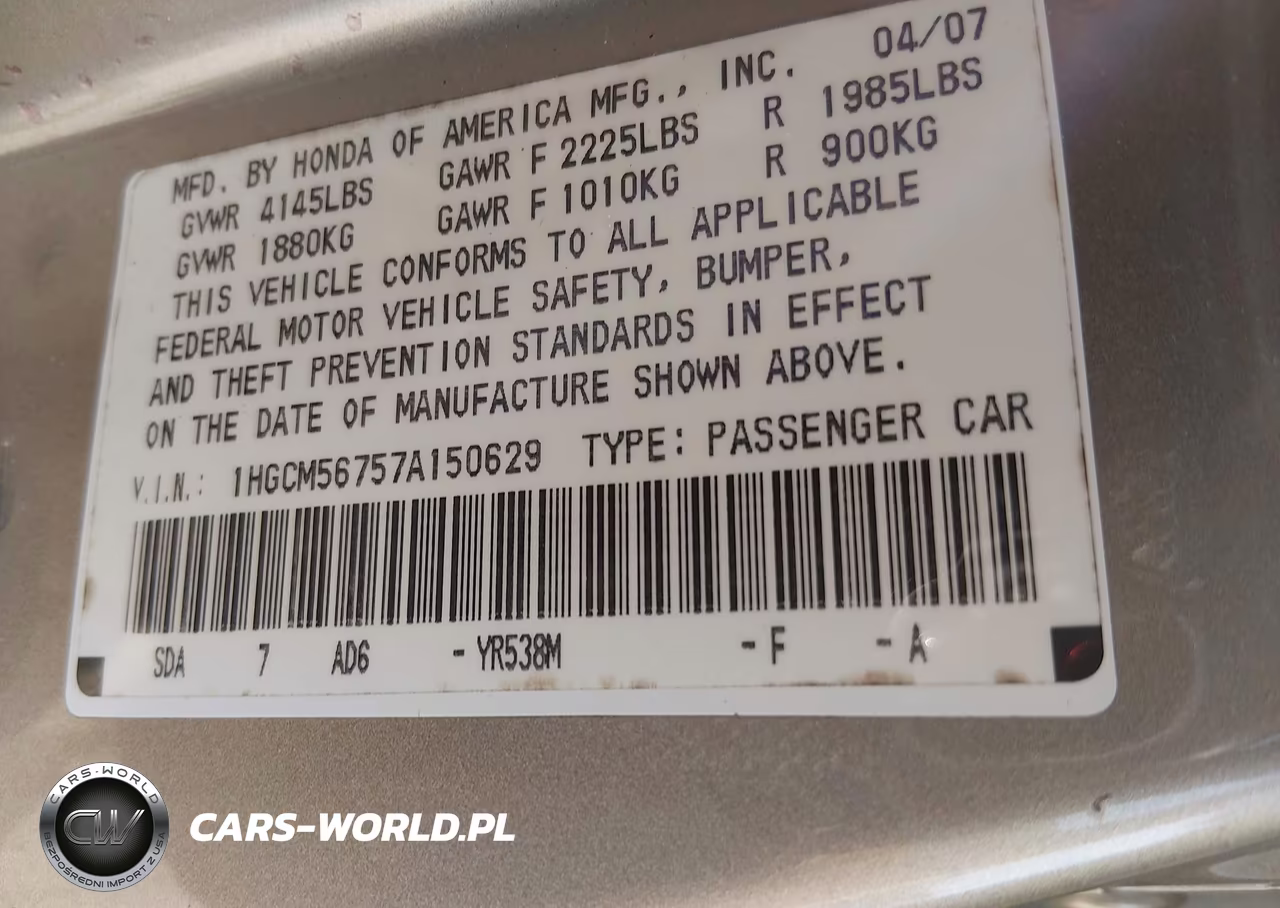 2007 Honda Accord 2.4 Ex VIN:1HGCM56757A150629 - 9