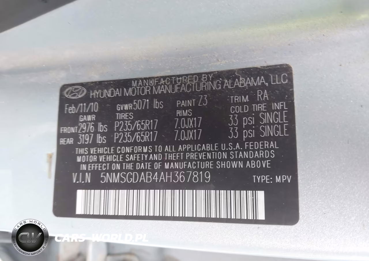 2010 Hyundai Santa Fe Gls VIN:5NMSGDAB4AH367819 - 9