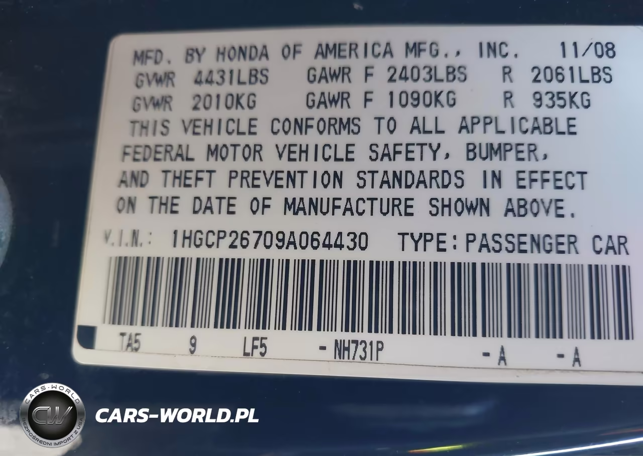 2009 Honda Accord 2.4 Ex VIN:1HGCP26709A064430 - 9