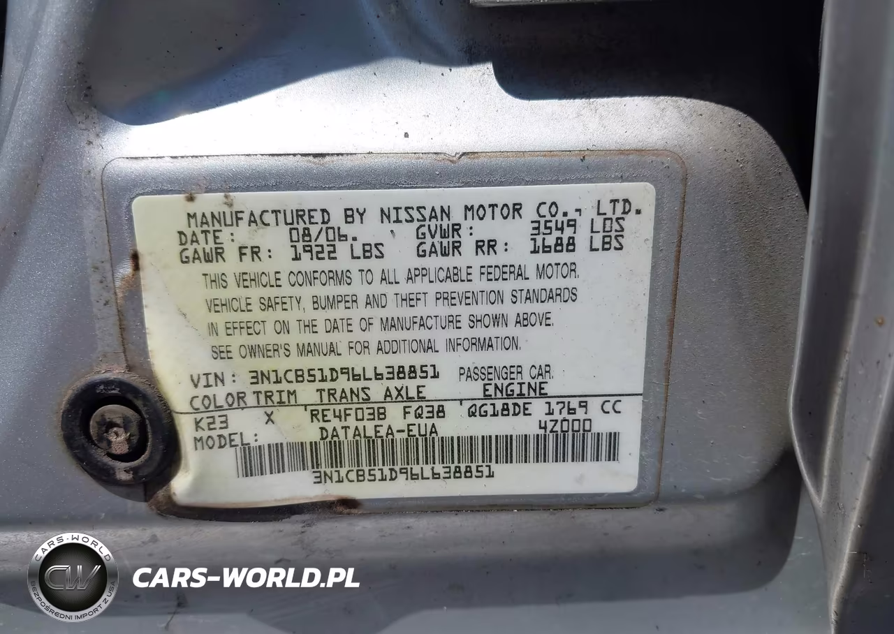 2006 Nissan Sentra 1.8S VIN:3N1CB51D96L638851 - 9