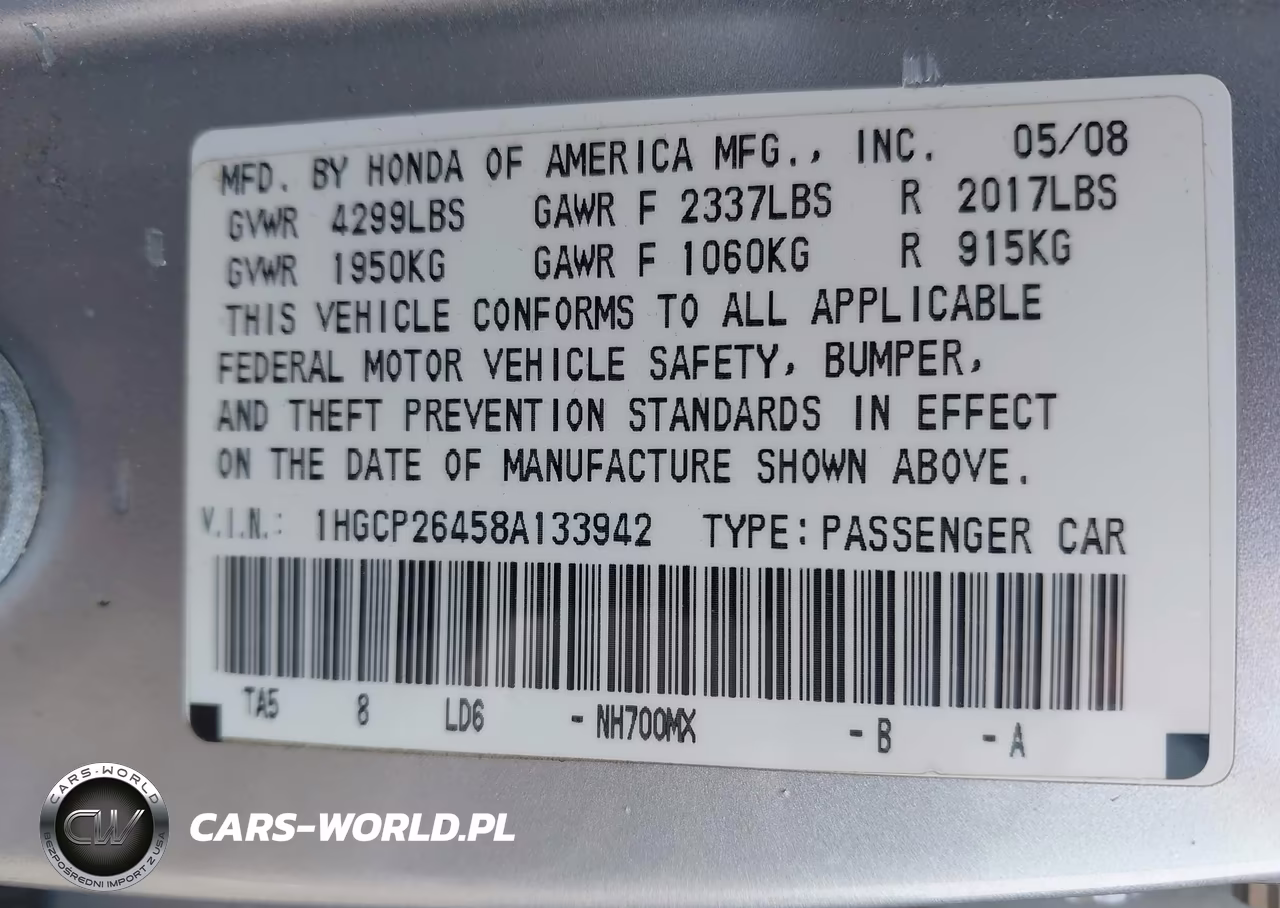 2008 Honda Accord 2.4 Lx-P VIN:1HGCP26458A133942 - 9
