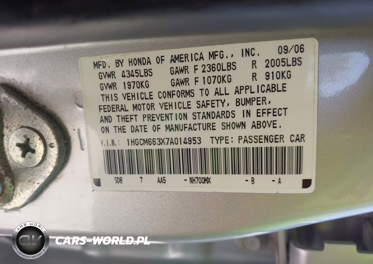2007 Honda Accord 3.0 Lx VIN:1HGCM663X7A014953 - 9
