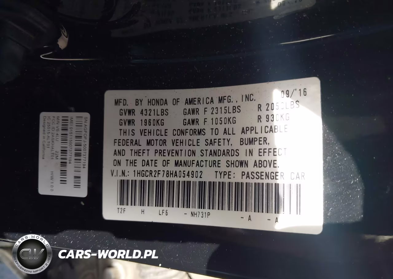 2017 Honda Accord Ex VIN:1HGCR2F78HA054902 - 9