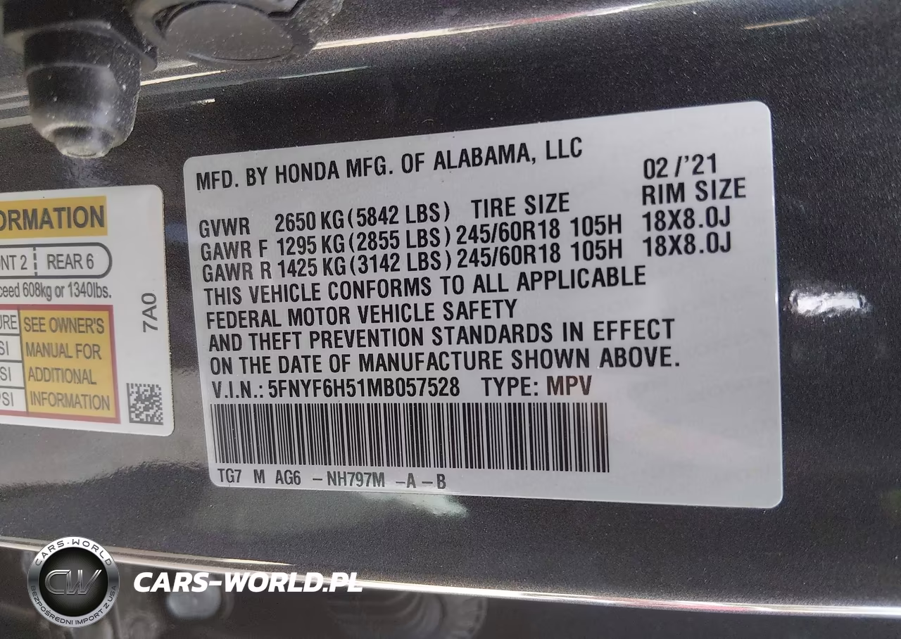 2021 Honda Pilot Awd Ex-L VIN:5FNYF6H51MB057528 - 9