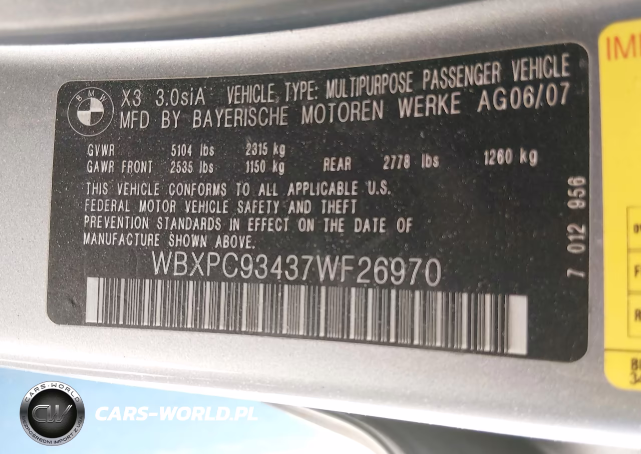 2007 BMW X3 3.0Si VIN:WBXPC93437WF26970 - 9