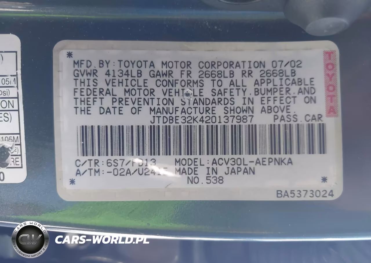 2002 Toyota Camry Le VIN:JTDBE32K420137987 - 9