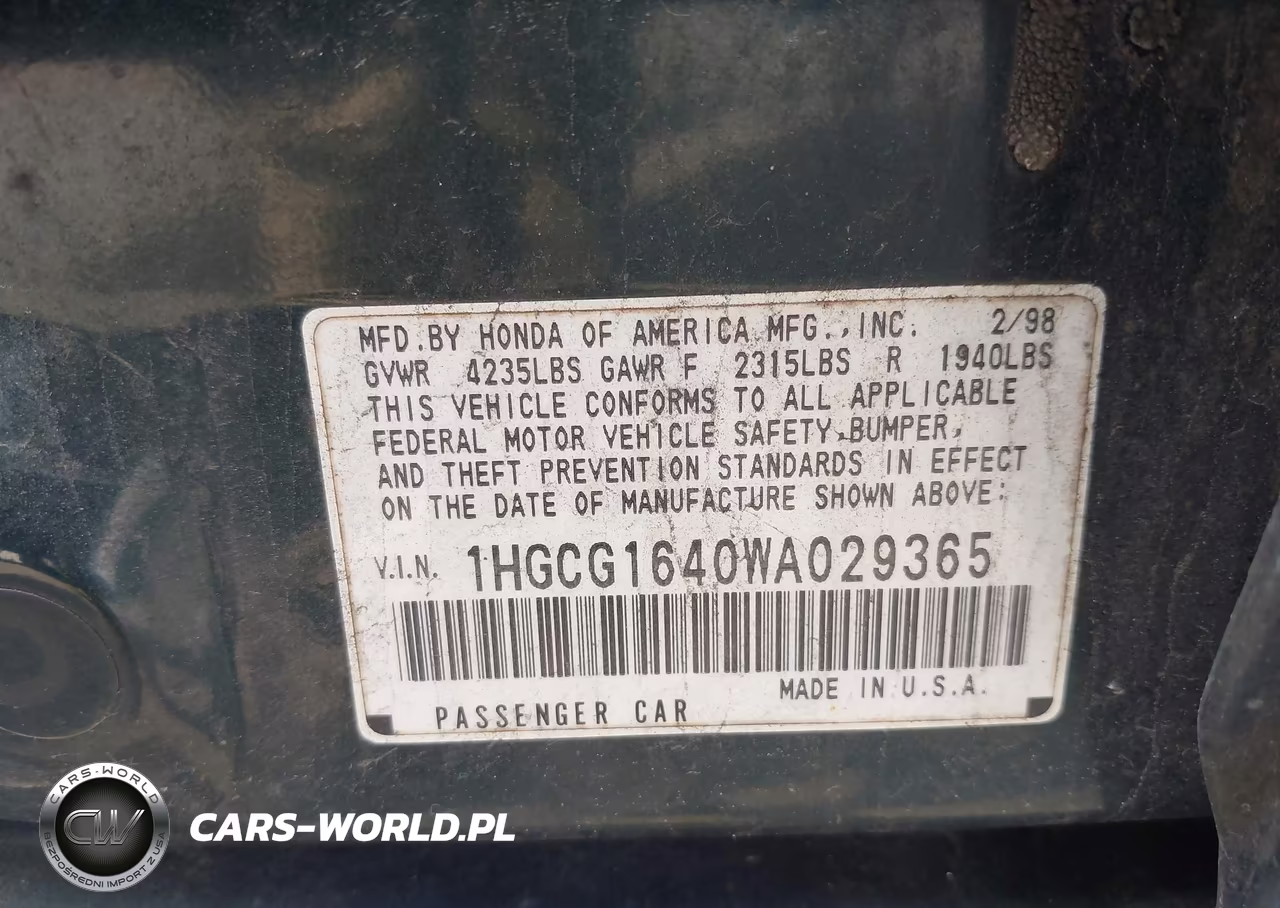 1998 Honda Accord Lx V6 VIN:1HGCG1640WA029365 - 9