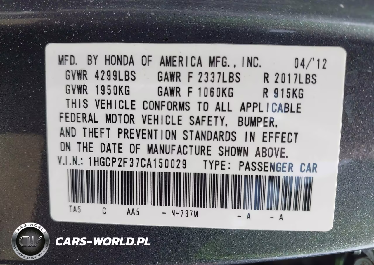 2012 Honda Accord 2.4 Lx VIN:1HGCP2F37CA150029 - 9