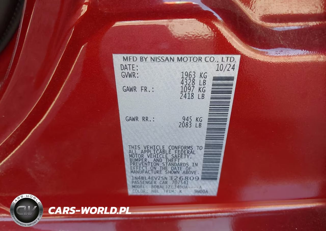2025 Nissan Altima Sl Fwd VIN:1N4BL4EV2SN326809 - 9