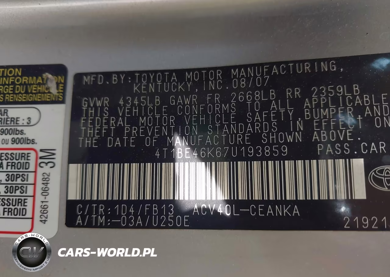 2007 Toyota Camry Le VIN:4T1BE46K67U193859 - 9
