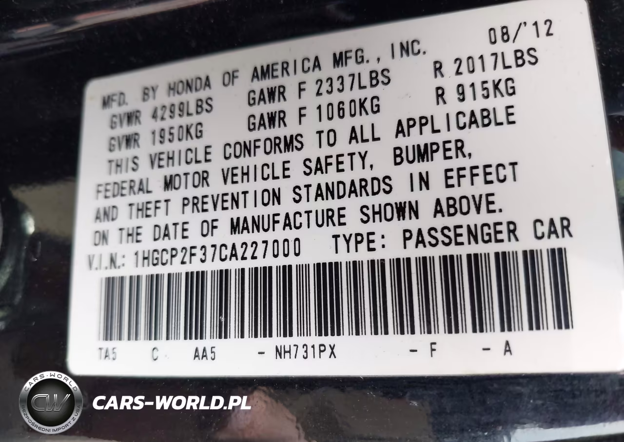 2012 Honda Accord 2.4 Lx VIN:1HGCP2F37CA227000 - 9
